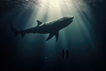 Silhouette of a couple and a shark in the deep blue ocean, Sperm whale next to a freediver, AI...