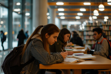 young women and men studying at the library