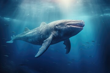 Whale shark swimming in deep blue ocean. This is a 3d render illustration, Humpback whale jumps out...