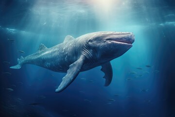 Fototapeta premium Whale shark swimming in deep blue ocean. This is a 3d render illustration, Humpback whale jumps out of the water with lots of water splashed, AI Generated