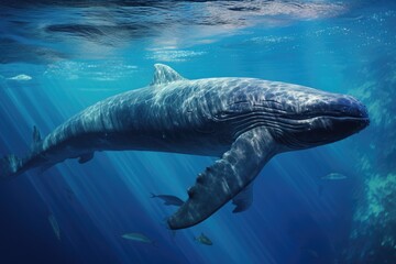 Humpback whale swimming in the blue ocean. Underwater scene, Humpback whale jumps out of the water with lots of water splashed, AI Generated