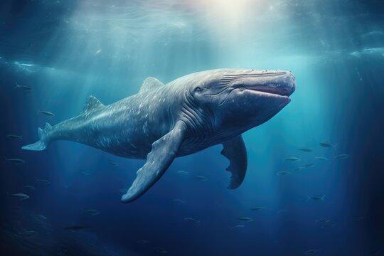 Whale shark swimming in deep blue ocean. This is a 3d render illustration, Humpback whale jumps out of the water with lots of water splashed, AI Generated