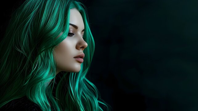 Dyed Green Hair Female Model Close Up Photography Isolated On Dark Background. (Generative AI).