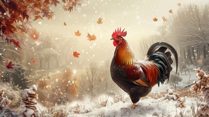 Rooster in winter autumn ambience.