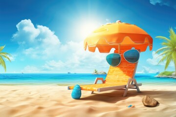 Orange sun lounger with sunglasses on tropical beach. 3d rendering, Summer, sun, beach, and sea on vacation, AI Generated