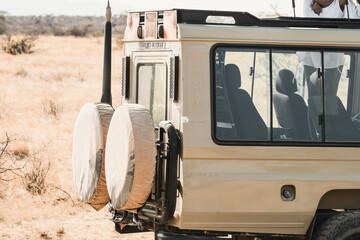 Close up picture of spare tyre in a safari jeep in Africa