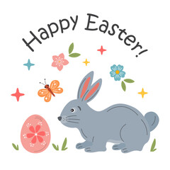 Cute funny Easter bunny, rabbit with egg. Happy Easter greeting card. Holiday festive illustration isolated on white. Easter concept for invitation, postcard, poster, gift tag.