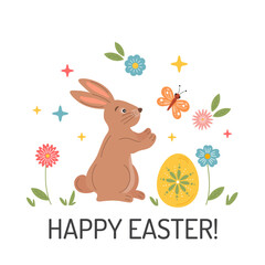 Happy Easter greeting card. Easter concept with cute rabbit, egg, spring flowers. Easter bunny, egg hunt. Funny festive holiday vector illustration isolated on white.