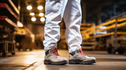 Close-up photos of Factory workers wearing safety shoes and working uniforms standing in the factory, ready for work in a dangerous workplace, Safety equipment concept.