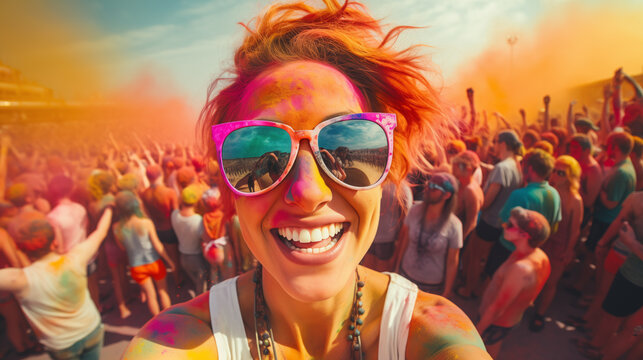Cheerful woman at the festival of colors Holi