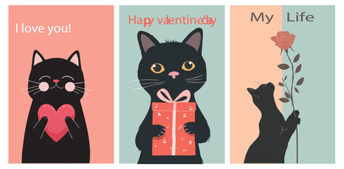 cute cat valentine's day illustration. valentine's day poster. ilove you, happy valentine's day, my life.