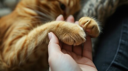 Obraz premium close-up view of a person gently holding the paws of an orange cat