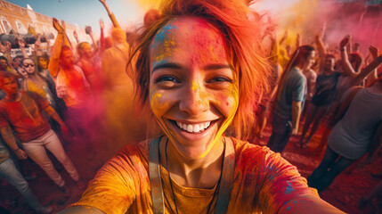 Obraz premium Cheerful woman at the festival of colors Holi