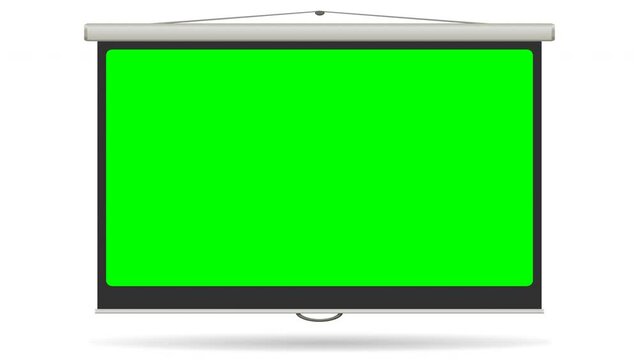 Animation of opening and closing a projection screen with green screen on white background, transparent with alpha channel