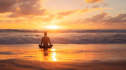 A peaceful meditation session by the sea at sunrise with gentle waves in the background.