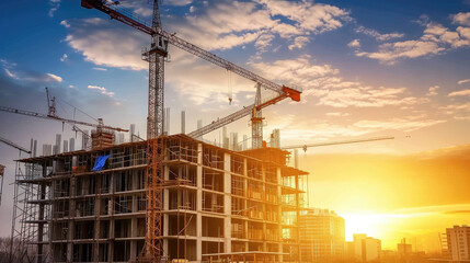 construction site and sunset, structural steel beams build large residential buildings