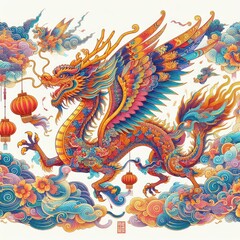 Majestic Chinese Flying Dragon Soars in Celebration: A Vibrant Tribute to Chinese New Year and the Timeless Dance with the Ancient Lunar Cycle