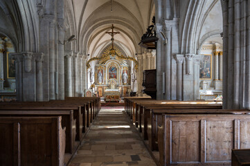 Fototapeta na wymiar Detail of the interior of the old French church of Saint Mere Eglise