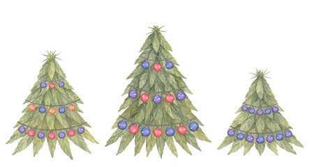 Watercolor Cannabis Christmas trees set with colorful garland isolated on a white background.