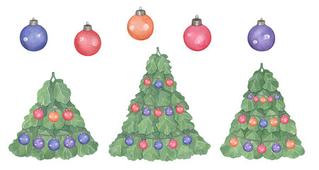 Watercolor Oak Christmas trees with colorful garlands on a white background.