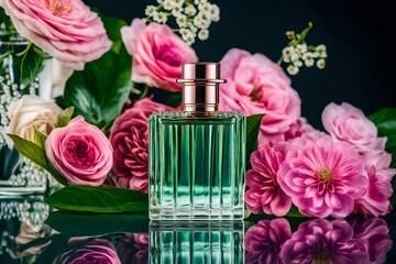 Obraz na płótnie Canvas Bottle of perfume with flowers on the background.