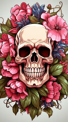 Human Skull Surrounded by Blooming Flowers Illustration

