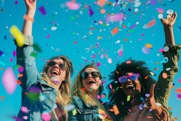 Friends enjoying a lively party with confetti. The image captures the joyous and festive atmosphere of a celebratory gathering.