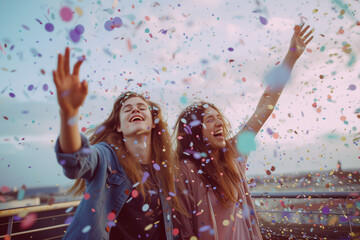 Friends enjoying a lively party with confetti. The image captures the joyous and festive atmosphere of a celebratory gathering.