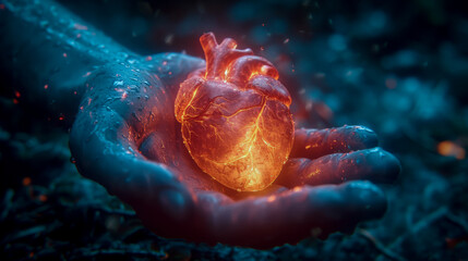 hand holding burning human heart, health and safety, created with generative AI art