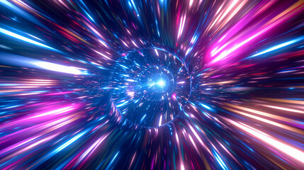 Interstellar journey through a nebulous space, crisscrossed by neon light trails, gives a feeling of hypersonic speed on an intergalactic road. Generative AI. - obrazy, fototapety, plakaty