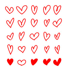 Red Heart doodles set. Hand drawn, red hearts collection.	