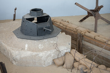 Detail of an armored turret with machine gun in the small bunker of the trenches in Normandy during...