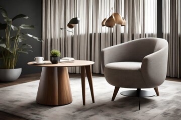 Modern armchair and coffee table set, featuring a round wooden base with conical legs and fabric seating