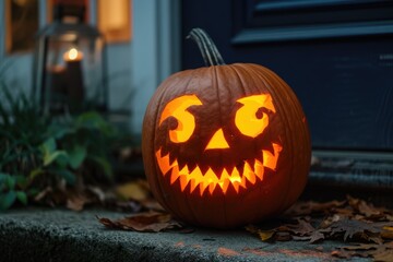 carved and illuminated jack-o-lantern on a doorstep House with halloween orange pumpkin decoration, jack o lanterns with spooky faces on porch