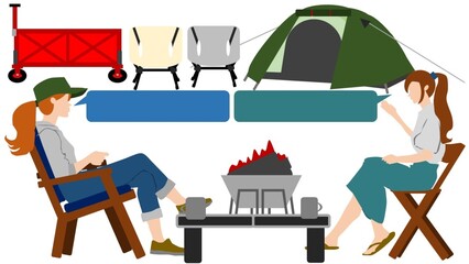 キャンプ中にたき火しながら会話する女性2人のイラスト