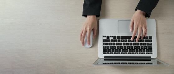 Close up hands typing keyboard on labtop. Businesswoman work during technology online connection business. Typing on search engine for laptop business work for education and study business concept