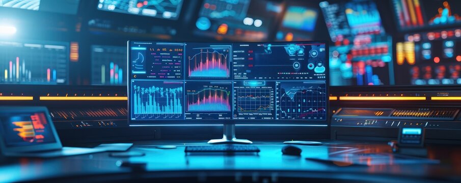 Abstract digital process in a laboratory with many screen display diagnosis. AI generated image