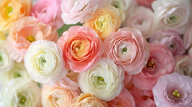 Background of pastel-colored ranunculus flowers generative ai