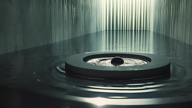 In a dimly lit room a pulsating speaker sits atop a gly undulating pool of water as if the sound waves it emits are creating a symphony of ripples in the liquid underneath.