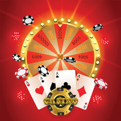 Casino banner design with casino fortune wheel, poker cards and casino chips