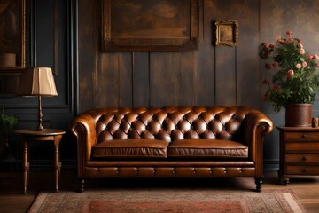 an AI's detailed description of a red vintage sofa positioned against a white and brown brick wall,