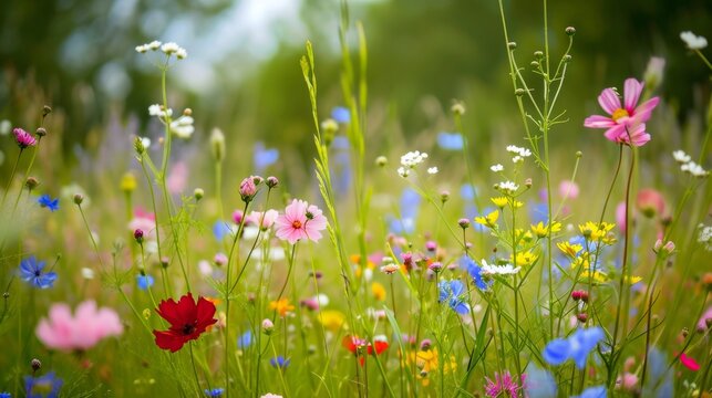 Background of wildflowers in a meadow, offering a diverse and picturesque natural setting generative ai