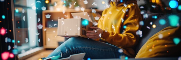 E-commerce customer checks on the order status of their delivery. Icons flying around