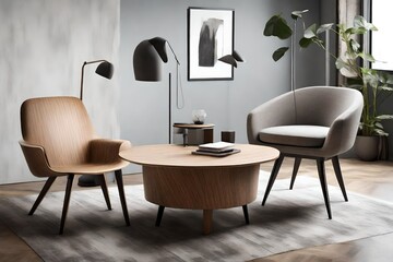 Design a sleek interior setting with a round grain wood coffee table, a brown leather sofa with steel legs, set against a white wallpapered wall in sunlight, with a parquet floor