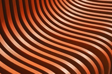 Brown slats, wooden bench pattern with curved geometry, vertical slats. Abstract background. - obrazy, fototapety, plakaty