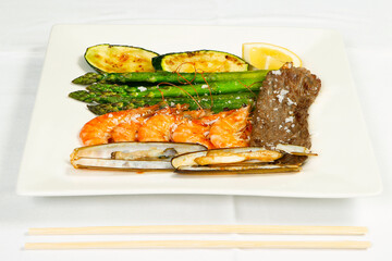 Seafood, beef and vegetables 