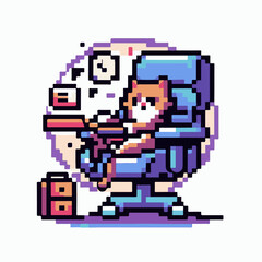 Lazy cat sitting in the chair in pixel art style