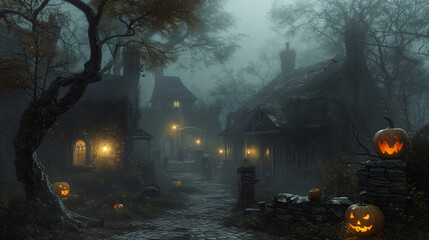 A haunting Halloween night in a foggy abandoned village. - obrazy, fototapety, plakaty