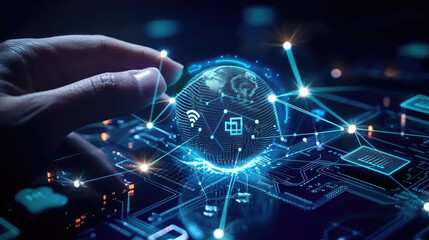 digital display with a holographic globe illuminated by blue and golden data streams on a network code background representing global connectivity