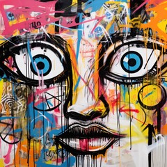 Colorful graffiti background with abstract face. City urban energy. wallpaper poster. contemporary art